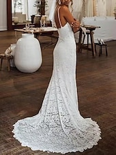 economico abiti da sposa casual-abiti da sposa boho formali matrimonio in spiaggia sirena / tromba scollo a v senza maniche strascico corte abiti da sposa in pizzo abiti da sposa con drappeggio ricamo 2025
