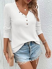 cheap Plain Tops-Women&#039;s T Shirt Plain Fashion Modern Casual Long Sleeve V Neck Regular Tops Daily Weekend Buttons White Pink Spring Fall