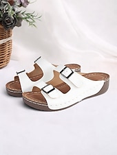 cheap Vacation Sandals-Women&#039;s Dark Blue Double Buckle Slip-On Sandals with Cushioned Sole, Casual Summer Shoes for Beach and Everyday Wear