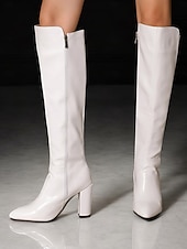 baratos Botas da moda-botas femininas pretas de couro envernizado até o joelho com saltos altos, design elegante para uso noturno moderno e ocasiões especiais
