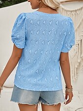 economico Top in Pizzo-Top Eleganti in Pizzo per Donna con Occhielli Maglietta di Colore Solido Regolare Maniche Corte Collo a V Regolare Fit Giornaliero Elegante Casual Romantico Petite Top Estivi da Vacanza Rosa Blu