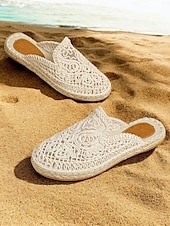 olcso Női topánkák és bebújós cipők-női kék horgolt espadrill lapos hálós részlettel, bohó stílusú bebújós nyári cipő strandra és hétköznapi viseletre