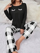 billiga Sovkläder till damer-Dam Pyjamas set Ledigt Komfort Comfrt Tecknat Rutnät / Pläd T-shirt Byxa Hem Långärmad Rund hals Svart Rodnande Rosa Vår Höst Vinter