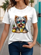 Недорогие Животные пьют-Жен. Футболка Животное На каждый день С короткими рукавами Круглый вырез Обычные топы Повседневные С принтом Белый Лето