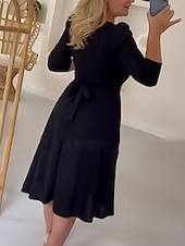 olcso Buliruhák-Női Midi ruha Swing ruha A vonalú ruha Elegáns Stílusos Alkalmi Vakáció Napi Normál Sima Hosszú ujj Terített nyak Fekete Tavasz Ősz
