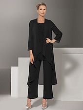economico Lunghezza del pavimento-tuta / tailleur pantalone 3 pezzi abito per la madre della sposa matrimonio in spiaggia elegante scollo gioiello lunghezza pavimento chiffon manica lunga coprispalle incluso con pizzo tinta unita 2025