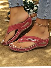 cheap Casual Sandals-Women&#039;s Red Perforated Flip-Flop Sandals with Rhinestone Decoration Comfortable Summer Shoes for Casual Wear and Beach Outings
