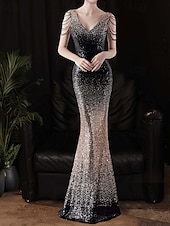 abordables Semi-formel / Cocktail-Robe de Prom Sirène  Trompette Sequin Robe de Soirée Ombre Cocktail Formelle Longue au Sol Sans Manches Col en V avec Perles Sequin