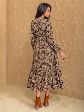levne Boho šaty-Dámské Maxi šaty Volnočasové šaty Boho šaty s dlouhým rukávem Boho šaty Na běžné nošení Cikánský Nahoře nabírané Domů Práce Denní Běžný Grafika Geometrický Dlouhý rukáv Do V Žlutá Hnědá Léto Jaro