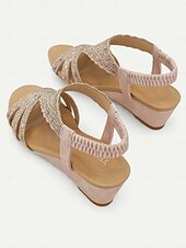 cheap Vacation Sandals-Women&#039;s Bohemian Rhinestone Wedge Sandals – Sparkly Elastic Strap Open-Toe Shoes for Summer, Beach, Casual &amp; Evening Wear