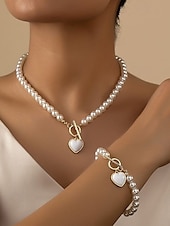 preiswerte Halskette für Damen-Set aus Halskette und Armband aus roten Perlen für Damen mit Herzanhänger, goldfarbenem Verschlussdesign, eleganter Schmuck als Geschenk zum Valentinstag, für Hochzeiten und besondere Anlässe