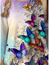 abordables T-shirt Animaux-Femme T shirt A Ombre Papillon Décontractées manche longue Col Ras du Cou Hauts réguliers du quotidien Boutons Imprimer Asymétrique Violet Printemps &amp; Automne