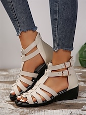 cheap Casual Sandals-Women&#039;s Gladiator Strappy Open Toe Sandals with Double Buckle, Low Wedge Heel Comfortable Summer Shoes for Casual, Vacation, and Daily Wear