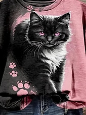 economico Animali Tops-felpa con cappuccio casual da donna con stampa a maniche lunghe con gatto rosa autunno inverno