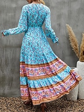 preiswerte Ausgefallene Kleider-Damen Maxidress Casual kleid Schaukelkleid Langärmliges Boho-Kleid A Linie Kleid Böhmen Brautkleider schlicht Urlaub Täglich Regular Fit Blumen Langarm V Ausschnitt Gelb Rosa Blau Frühling Herbst
