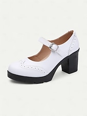 olcso Block Heels-női kék-fehér mary jane vaskos sarkú cipő brogue részletekkel, vintage stílusú kényelmes pumpák irodába, bulikba és mindennapi viseletre