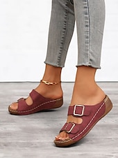 cheap Vacation Sandals-Women&#039;s Dark Blue Double Buckle Slip-On Sandals with Cushioned Sole, Casual Summer Shoes for Beach and Everyday Wear