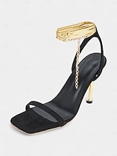 cheap Dress Sandals-Women&#039;s Black Suede Stiletto Heels with Gold Wrap-Around Ankle Straps and Square Toe – Sexy High Heel Sandals for Parties and Evening Events