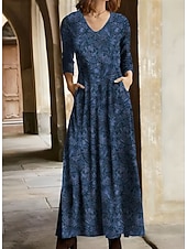 tanie Eleganckie sukienki kwiatowe-damska zimowa sukienka t-shirt sukienka t-shirt kwiatowy plemienny kieszeń dekolt w serek długa sukienka maxi sukienka vintage etniczny codzienny długi rękaw jesień zima