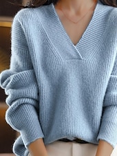billige Solide farger-Dame Pullover genser Stilfull Fritid Myk Helfarge Riflet V-hals Overstørrelse Langermet Vanlige topper Strikke utendørs Daglig Ut på byen Navyblå Blå Høst Vinter