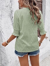 preiswerte Spitzenoberteile-Damen Hemd Bluse Feste Farbe Basic Brautkleider schlicht Halbe Ärmel Gekerbter Hals Normale Oberteile Täglich Bestickt Weiß Rosa Grün Sommer Frühling &amp; Herbst