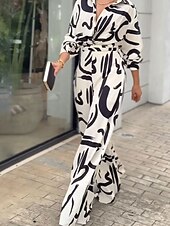 billiga festoveraller-Dam Vanligt Jumpsuits Stylish Geometrisk Långärmad Tröjkrage Bältade Semester Fest Lös passning Vit Vår