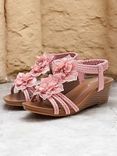 Women's Brown Bohemian-Style Woven Wedge Sandals with Floral Embellishments - Comfortable Summer Sandals for Beach and Casual Outings 16