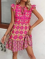 levne Tisknout květinové šaty-dámské boho grafické minišaty s výstřihem do V letní jaro bez rukávů