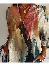 cheap Women&#039;s Art&amp;Design Tops-Women&#039;s Shirt Graphic Geometric Vintage Daily Stylish Long Sleeve Shirt Collar Regular Tops Vacation Daily Going out Patchwork Buttons Print Khaki All Seasons