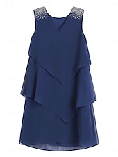cheap Work Dresses-Women&#039;s Wedding Guest Cocktail Dress Chiffon Tiered Plain Layered Sequin Elegant  Mini Dress V Neck Sleeveless Navy Blue Green Summer