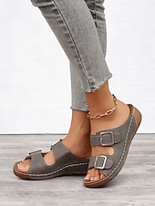 cheap Vacation Sandals-Women&#039;s Dark Blue Double Buckle Slip-On Sandals with Cushioned Sole, Casual Summer Shoes for Beach and Everyday Wear