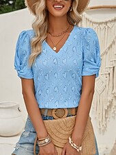 economico Top in Pizzo-Top Eleganti in Pizzo per Donna con Occhielli Maglietta di Colore Solido Regolare Maniche Corte Collo a V Regolare Fit Giornaliero Elegante Casual Romantico Petite Top Estivi da Vacanza Rosa Blu