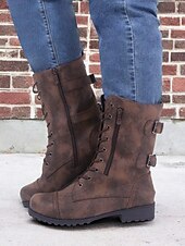 cheap Combat Boots-Versatile Brown Leather Lace-Up Boots with Military Flair for Women - Perfect for Fall and Winter Everyday Wear