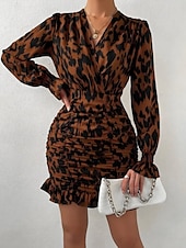 tanie Bodycon Club Dresses-Damskie Sukienka mini Codzienne sukienki Bodycon Elegancki Codzienny Urlop Codzienny Regularny Kwiaty Długi rękaw W serek Brązowy Wiosna Jesień