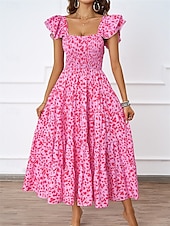 رخيصةأون فساتين الحفلات-فستان نسائي متوسط الطول برقبة مربعة وأكمام قصيرة للصيف والربيع