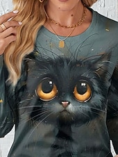お買い得  動物のTシャツ-女性用 Tシャツ 猫 カジュアル 長袖 クルーネック レギュラートップス 日常 プリント グレー 春 秋