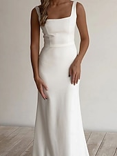economico Piccole vestiti bianchi-Abito da Matrimonio da Spiaggia Semplice Casual Abito da Sposa Svasato Collo Quadrato Senza Maniche Lunghezza Piena in Tessuto Elasticizzato Abiti da Sposa con Seta  Raso