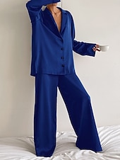 ieftine Seturi noapte pentru femei-Pentru femei Set pijama Casual Confortabili Culoare pură Butonul sus Talie elastică Cămașă Pantaloni Casă Zilnic Manșon Lung Guler Cămașă Negru Trifoi Vară Primăvară Toamnă Fit regulat