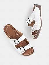 cheap Vacation Sandals-Women&#039;s Dark Blue Double Buckle Slip-On Sandals with Cushioned Sole, Casual Summer Shoes for Beach and Everyday Wear