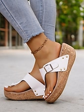 preiswerte Lässige Sandalen-Blaue Keilsandaletten für Damen mit Schnallenriemen und Nietendetails, bequeme Sommerschuhe für die Freizeit und den Strand