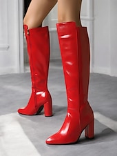 baratos Botas da moda-botas femininas pretas de couro envernizado até o joelho com saltos altos, design elegante para uso noturno moderno e ocasiões especiais