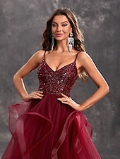 billiga glitterbal-Prom Klänningar A-linje Elegant Klänning Glitter Tyll Formell Bröllopsgäst Golvlängd Ärmlös V-ringad 2024