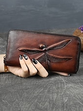 お買い得  ウォレット-女性用ヴィンテージブラウンレザーウォレット、エンボス加工のトンボデザイン、ジッパー開閉、日常使いや特別な機会に最適なエレガントなギフト、ブルーブラウン