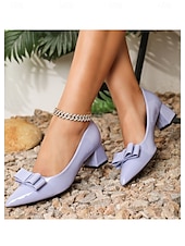 levne Block Heels-dámské elegantní levandulové lodičky z lakované umělé kůže – špicovité podpatky s mašličkovým designem, ideální do kanceláře, na večírky a formální příležitosti