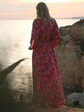 preiswerte Kleider für die Ferien-Damen Blumen V-Ausschnitt Maxikleid Langarm Sommer Frühling