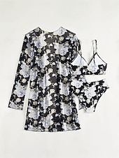voordelige 3-delige bikiniset-Dames Zwemkleding Driedelig Zwempak Buikcontrole Hoge taille Vakantie Strand Kleding Grafisch V-hals Lange mouw Badpakken