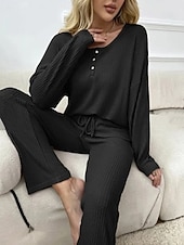 cheap Women's Sleep &amp; Lounge-Women's Pajamas Loungewear 2 Pieces Casual Pure Color Patchwork Buttons T Shirt Pant Home Long Sleeve U Neck Black Pink Light Grey Spring Fall Winter Tailored Fit