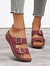 cheap Vacation Sandals-Women&#039;s Dark Blue Double Buckle Slip-On Sandals with Cushioned Sole, Casual Summer Shoes for Beach and Everyday Wear