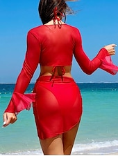 olcso Bikiniszettek-női valentin fürdőruha bikini szoknya fürdőruha hát nélküli karcsú nyaralás strandruha egyszínű kötőfék nyak ujjatlan hosszú ujjú fürdőruha piros