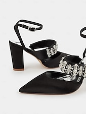 cheap Formal-Women&#039;s Black Satin Pointed Toe Heels – Rhinestone Embellished Ankle Strap Chunky Heels for Evening Parties and Weddings